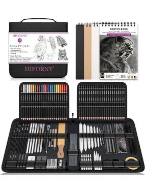 126 PCS Sketching Pencil Set with 3-Color Sketchbook & Blending Tools for